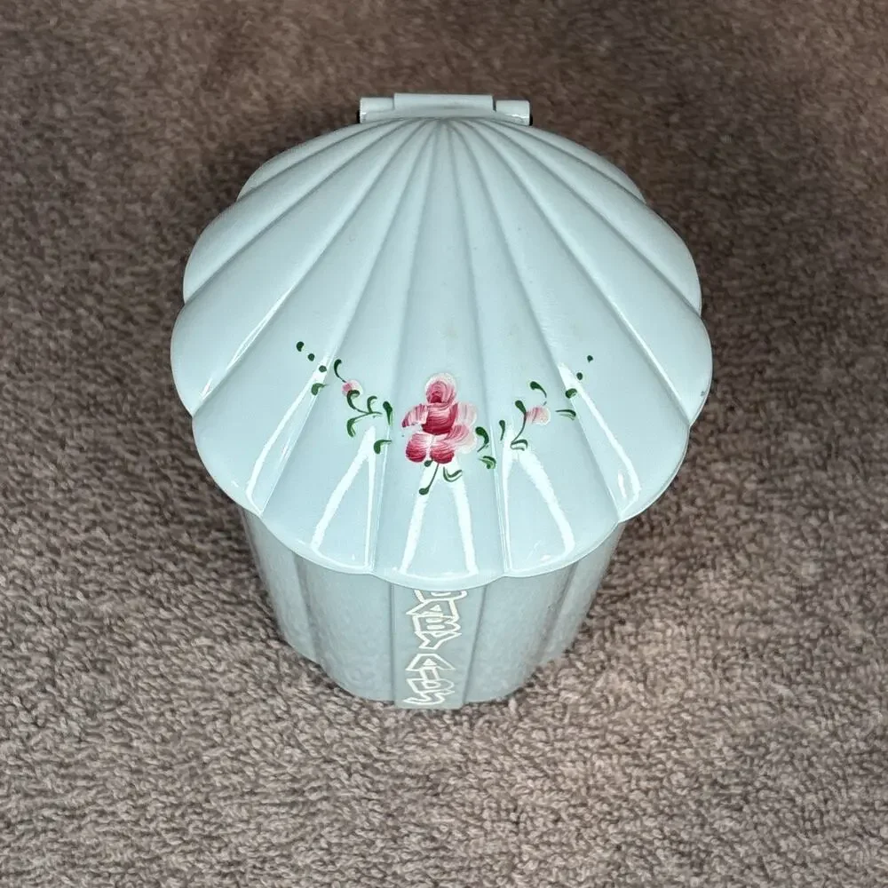 VTG 1950’s Baby Nursery Decor Blue Plastic Container Swabs Cotton Lotion Aids